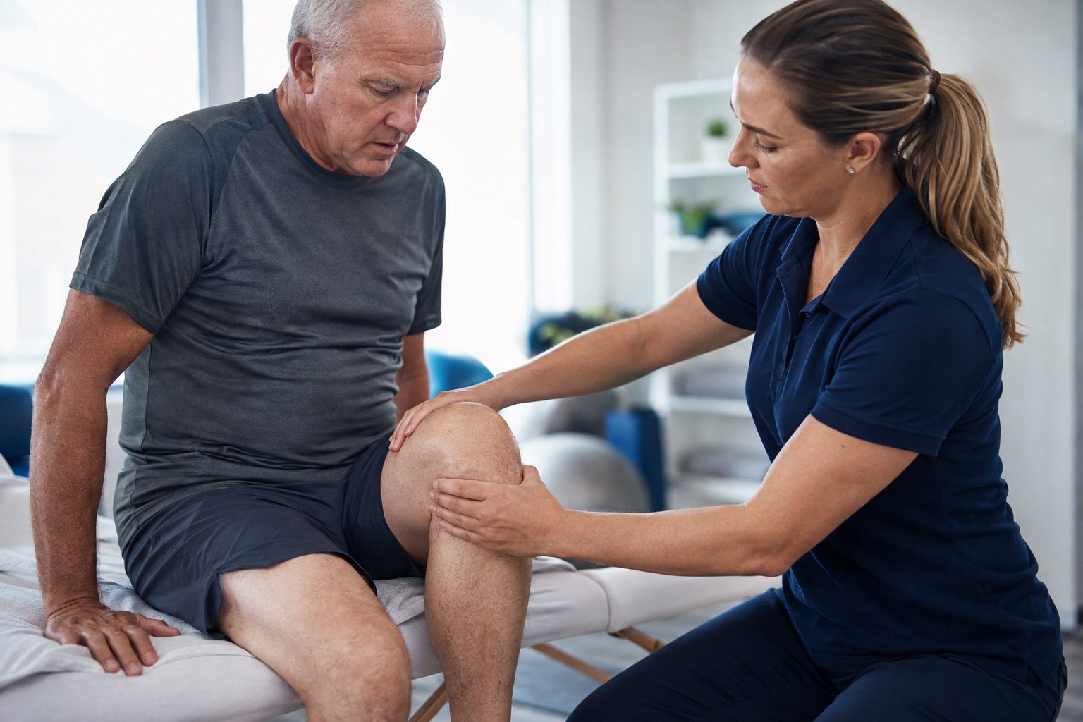 Physiotherapist assessing and supporting an older adult’s knee during mobility treatment