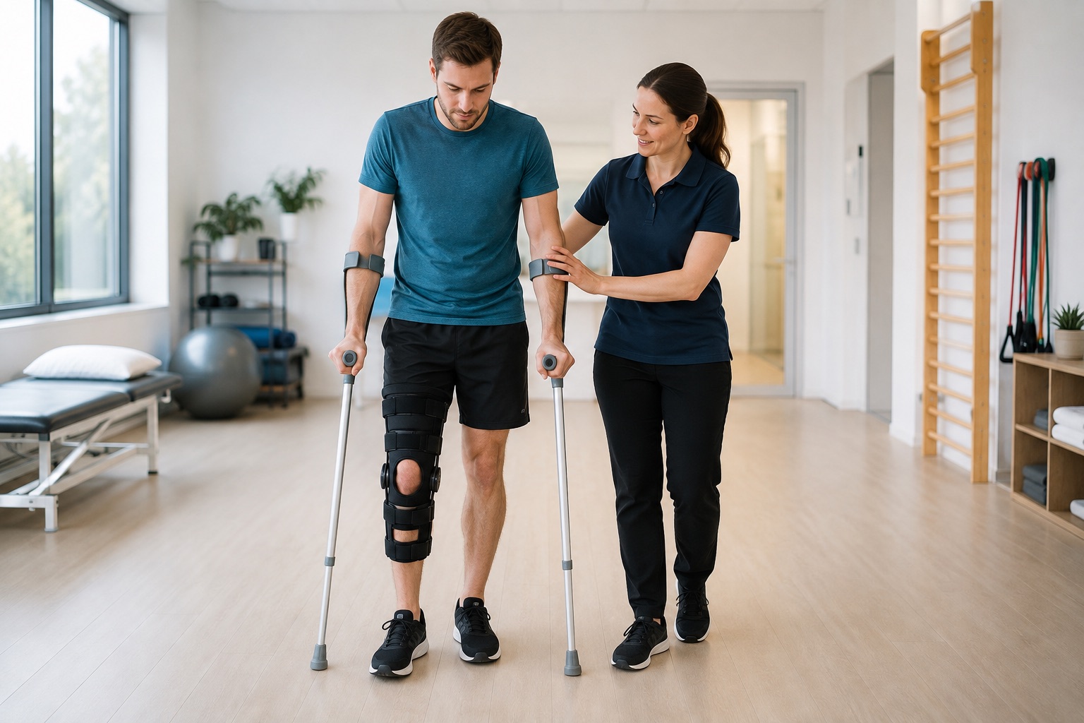 Physiotherapist supporting a patient walking with crutches and a knee brace during post-surgery rehabilitation